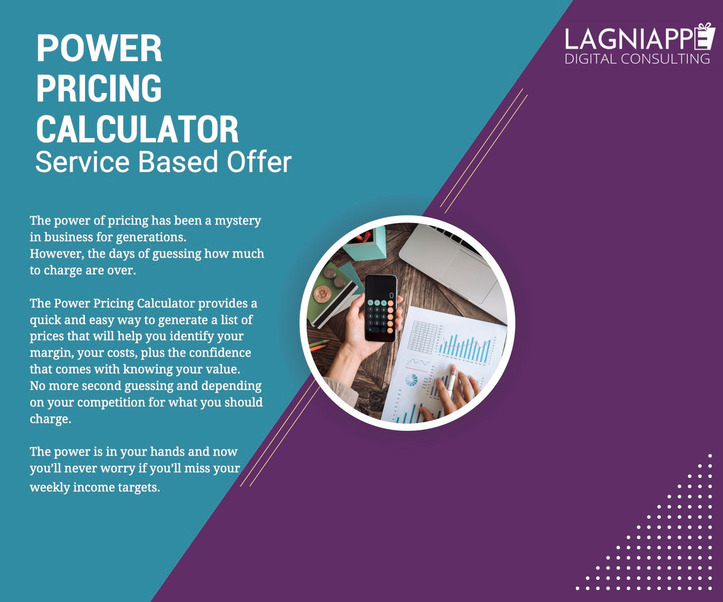 Person using a calculator template to identify small business service costs, retail price and margins