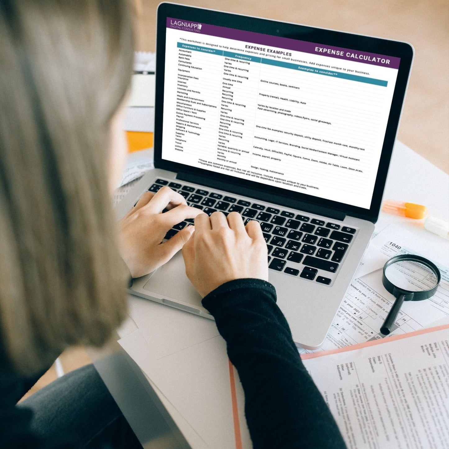 Person using expense calculator template to figure out monthly and annual start-up costs for small business